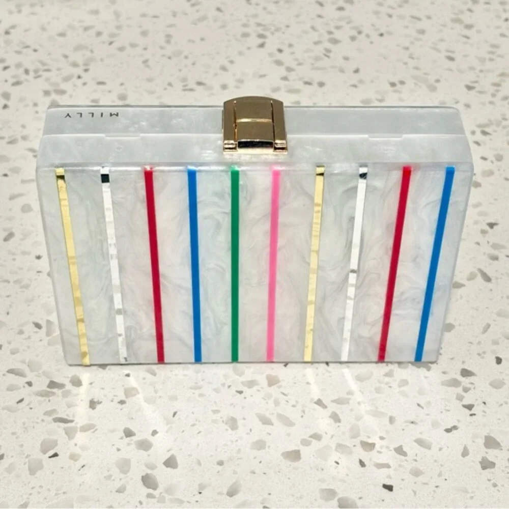 Milly Box Acrylic Clutch Swarovski Crystal Rainbow Stripe Removable Chain